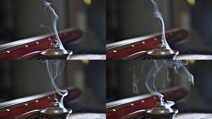 青烟缥缈香炉燃香古琴古乐焚香视频