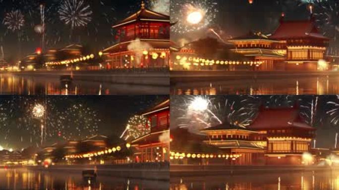古建夜景氛围中国风背景动画