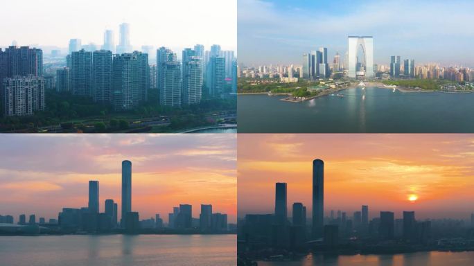 航拍清晨雾气中的金鸡湖商务区城市风光合集
