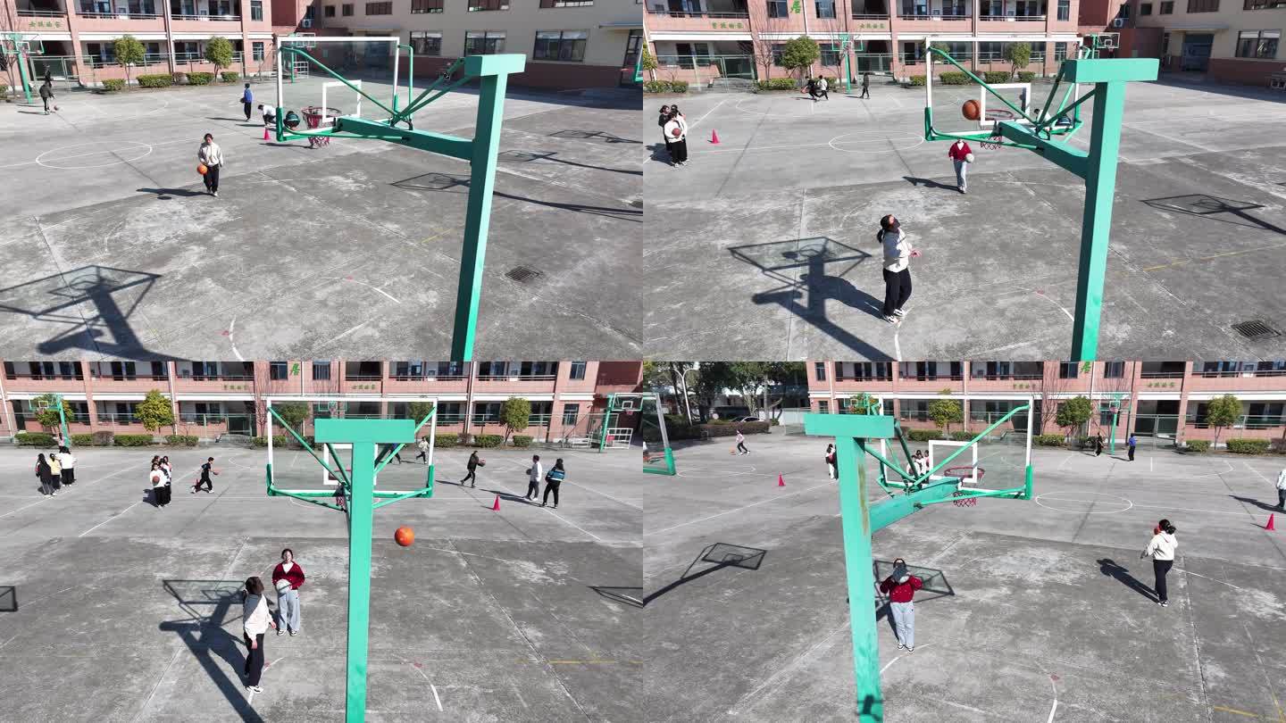 农村学校水泥地面篮球场学生女生投篮实拍