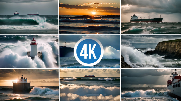 大海海洋巨浪海浪轮船灯塔希望