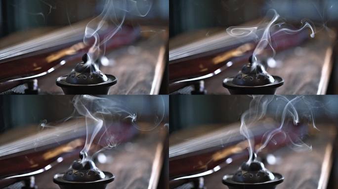 青烟缥缈香炉燃香古琴古乐焚香视频