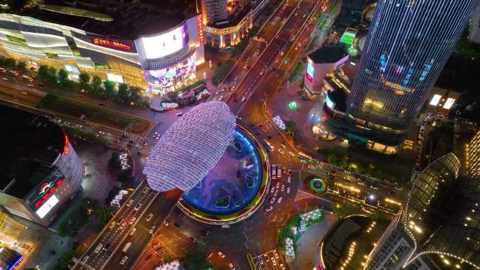 上海市杨浦区商圈五角场广场夜晚夜景城市车