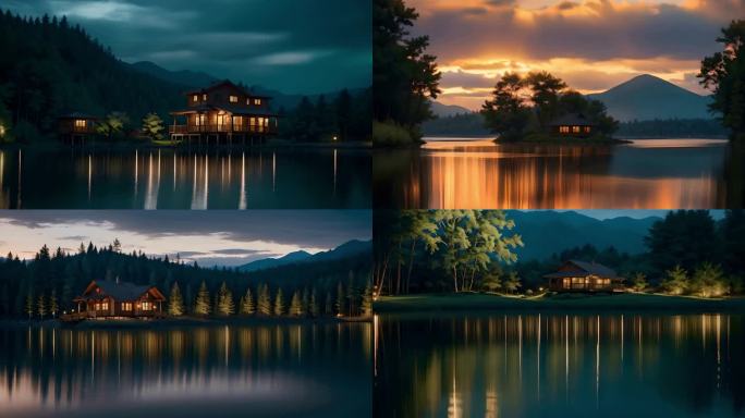 夜晚湖边的房子 静谧湖面