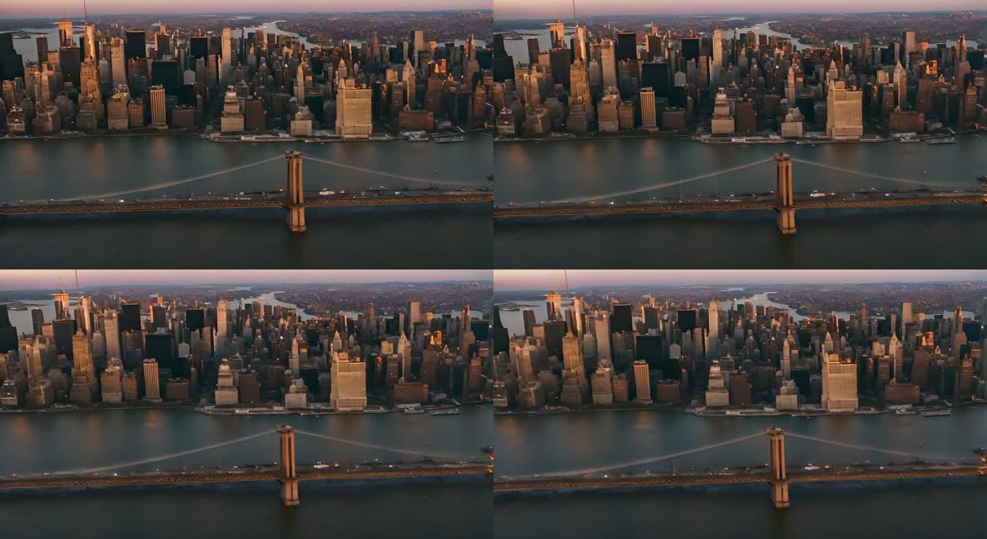 纽约市市区地平线傍晚日落曼哈顿大桥