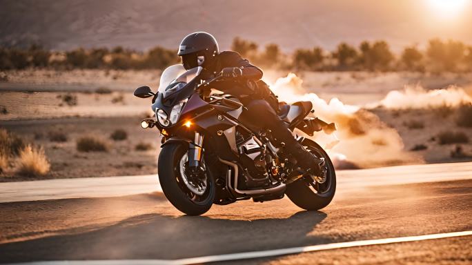 日落时分男子骑摩托车行驶在沙漠公路上