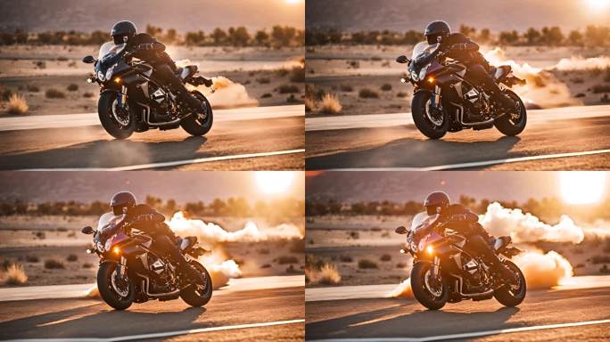日落时分男子骑摩托车行驶在沙漠公路上