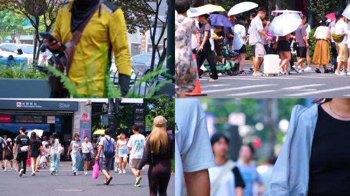 城市夏天暑假酷暑高温炎热街道人群人流汽车