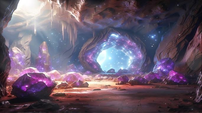4K三维3D水晶洞穴紫色矿洞梦幻粒子背景