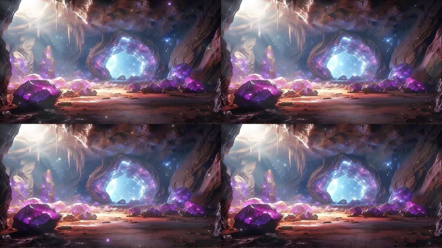4K三维3D水晶洞穴紫色矿洞梦幻粒子背景