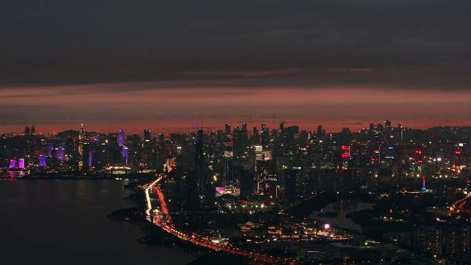 深圳城市天际线黄昏夜景航拍