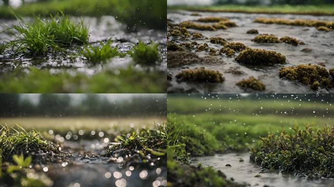 春天谷雨下雨地面积水青草万物复苏 AI