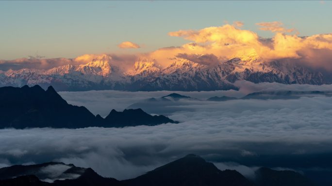 四川雅安牛背山云海云瀑贡嘎雪山高空航拍