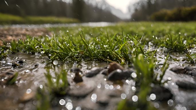 春天谷雨下雨地面积水青草万物复苏 AI