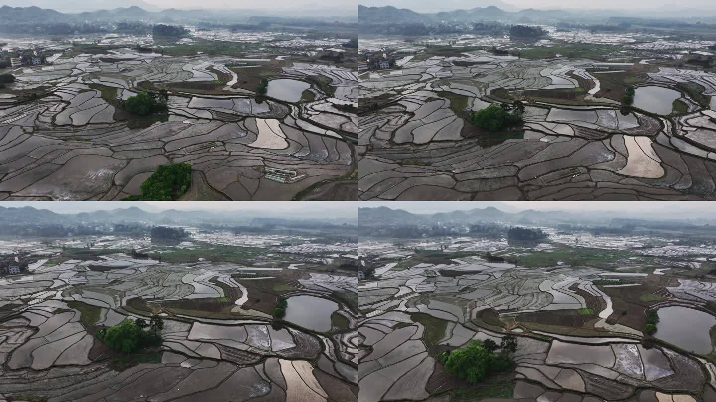 春天阳光下桂林全州的洼地梯田蓄满了水