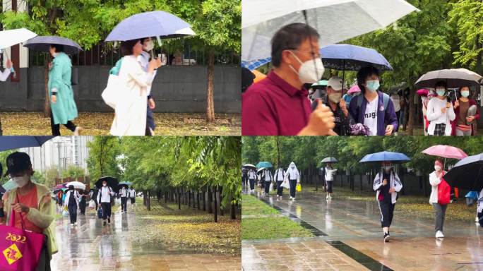 中学生开学学生雨天上学 高学生上学进校门