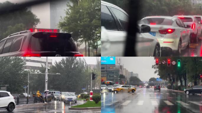 街道雨天行车驾驶车辆雨天行人在马路上行走