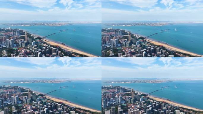 海边城市高楼海面蓝天4K航拍