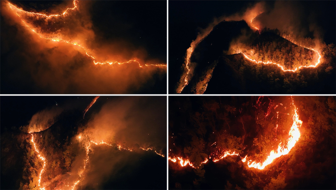 夜晚森林火灾山火实拍航拍