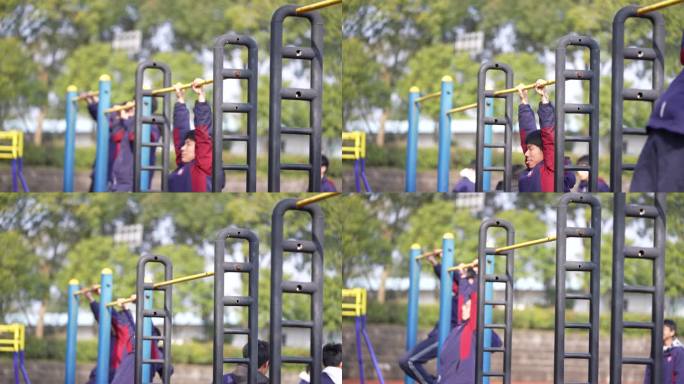 体育课男学生引体向上运动测试实拍原素材