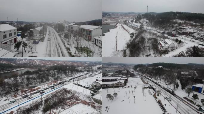 雪天道路积雪结冰车辆打滑堵车场景4k航拍