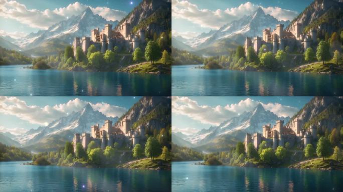 4K卡通油画手绘城堡生态雪山自然湖边背景