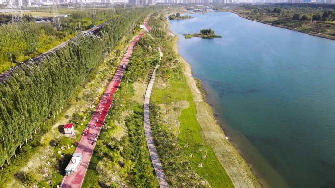 太原滨河自行车道城市绿化塑胶跑道施工航拍