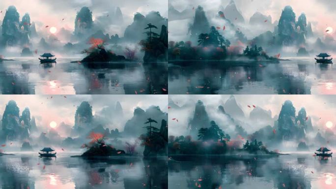中式黄昏水墨画舞台背景