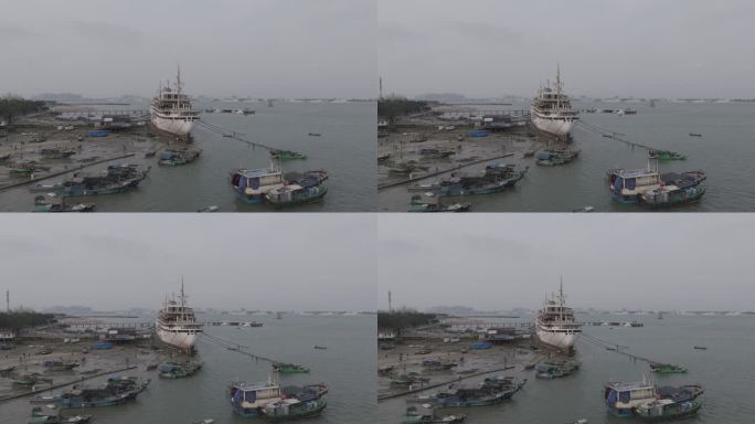 【4k】湛江渔港公园废弃邮轮海景航拍大景