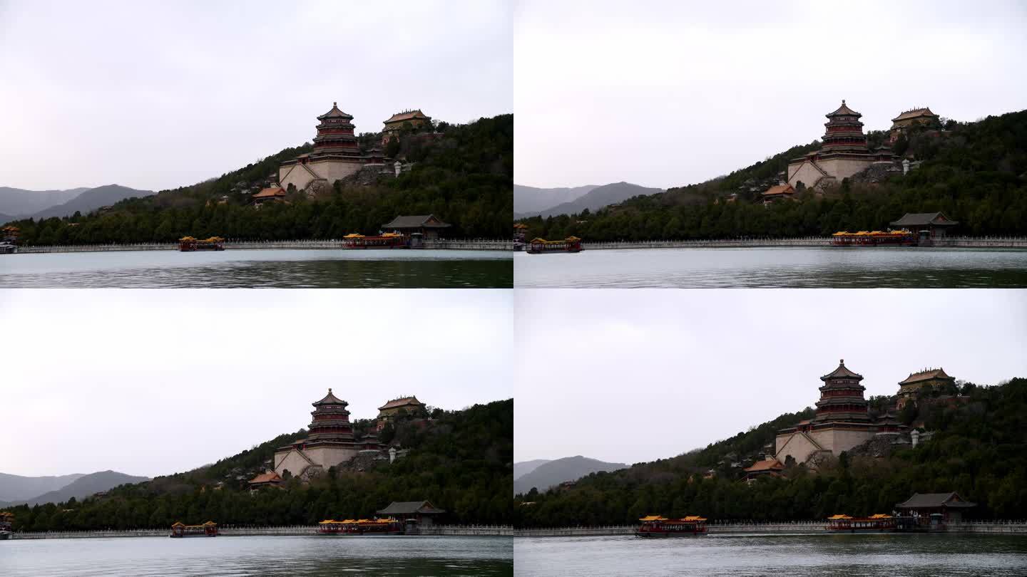 4K北京春季雾霾天的颐和园佛香阁游船