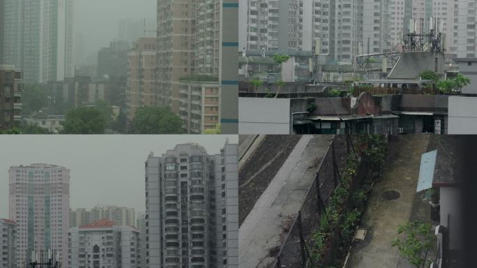 雨天，居民房，围栏，5g基站信号塔，绿植