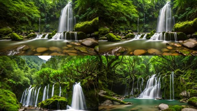 【4k】自然森林瀑布高山流水