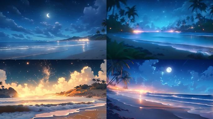 夜晚的沙滩：宫崎骏卡通风格下的浪漫星空