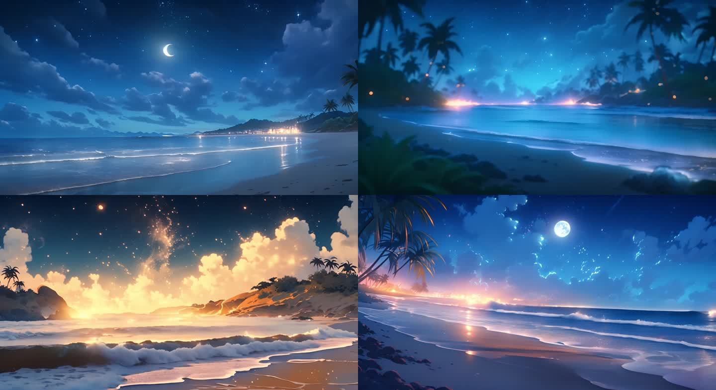 夜晚的沙滩：宫崎骏卡通风格下的浪漫星空