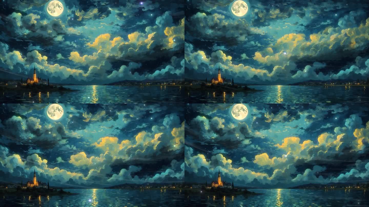 4K梵高艺术抽象卡通油画粒子夜晚海边背景