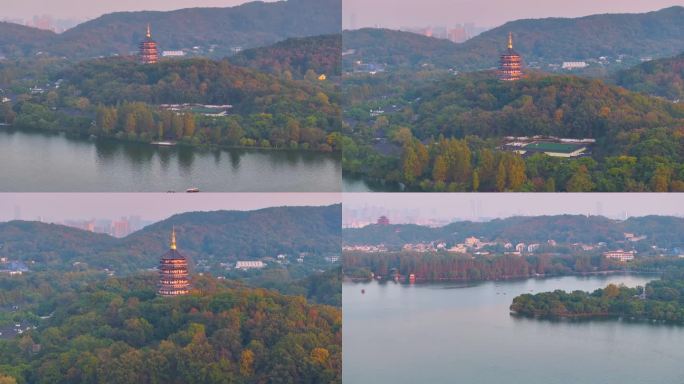 西湖雷峰塔景区大自然风光群山航拍杭州风景