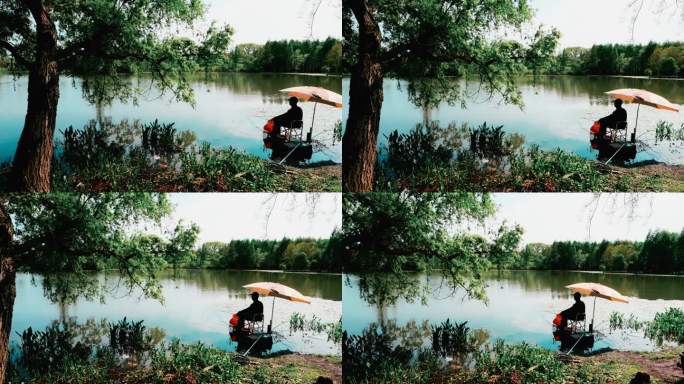 慈湖公园里河边钓鱼的人和自然风光