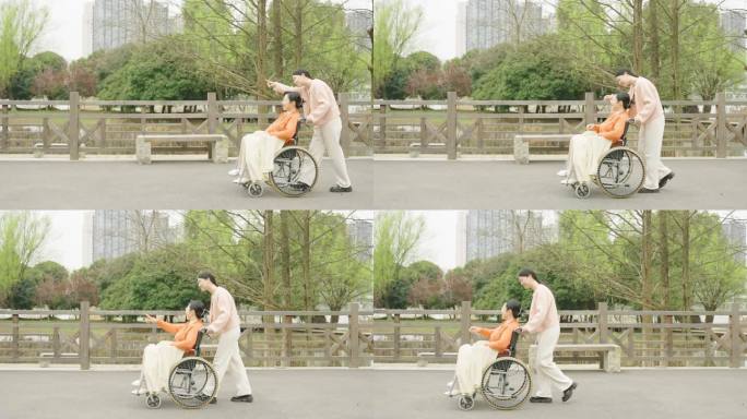 公园女人推坐轮椅的老年人