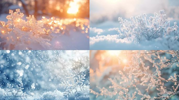 唯美冬季雾凇雪景 雪景特写 雪花特写