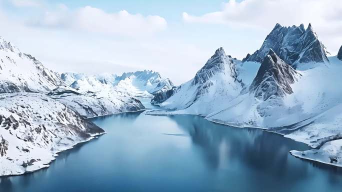 雪景雪山湖面特写雪