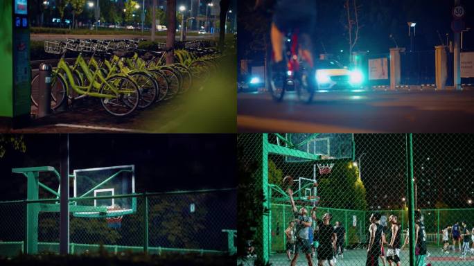 4K夜晚城市绿色出行打篮球运动