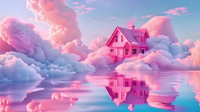 彩色抽象红橙木屋透明云朵蓝紫粉橙云雾缭绕
