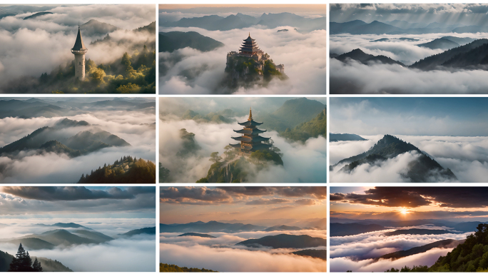云雾缭绕山间  寺庙 塔