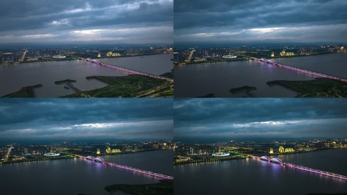 乌云下的南昌生米大桥日转夜延时航拍