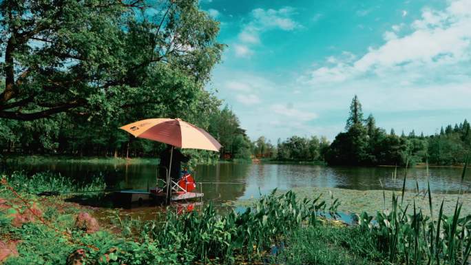 慈湖公园里河边钓鱼的人和自然风光