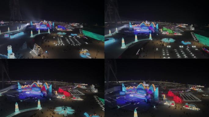 航拍4K哈尔滨25届冰雪大世界冰雪节夜景灯光秀旅游开幕式