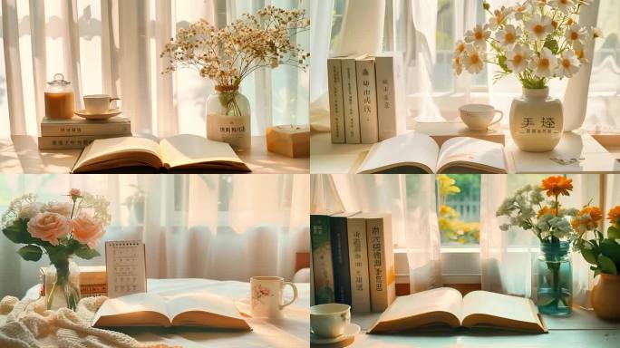 阅读书籍雏菊室内 鲜花空境学习看书读书