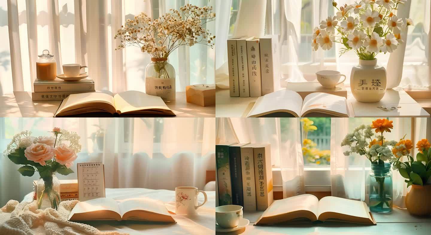阅读书籍雏菊室内 鲜花空境学习看书读书