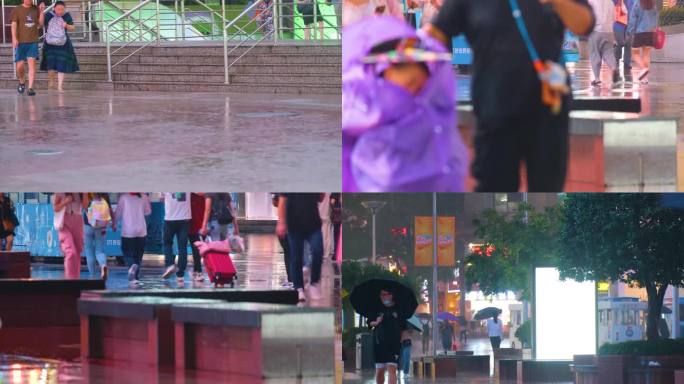 城市夜晚下雨天雨景人流夜景街景撑伞行人素