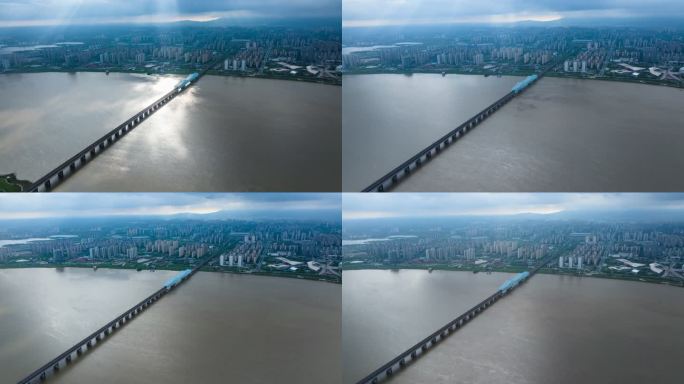 城市高铁跨江大桥航拍延时